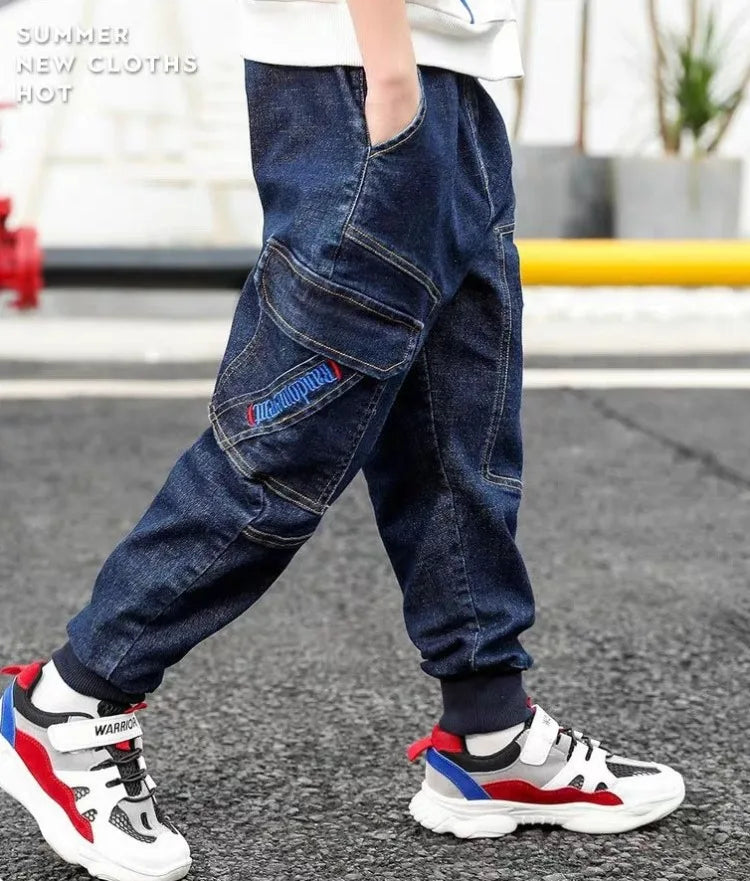 Autumn Winter Boys Fleece-Lined Cargo Pants/Korean Style Thickened Jeans for Toddler Boys