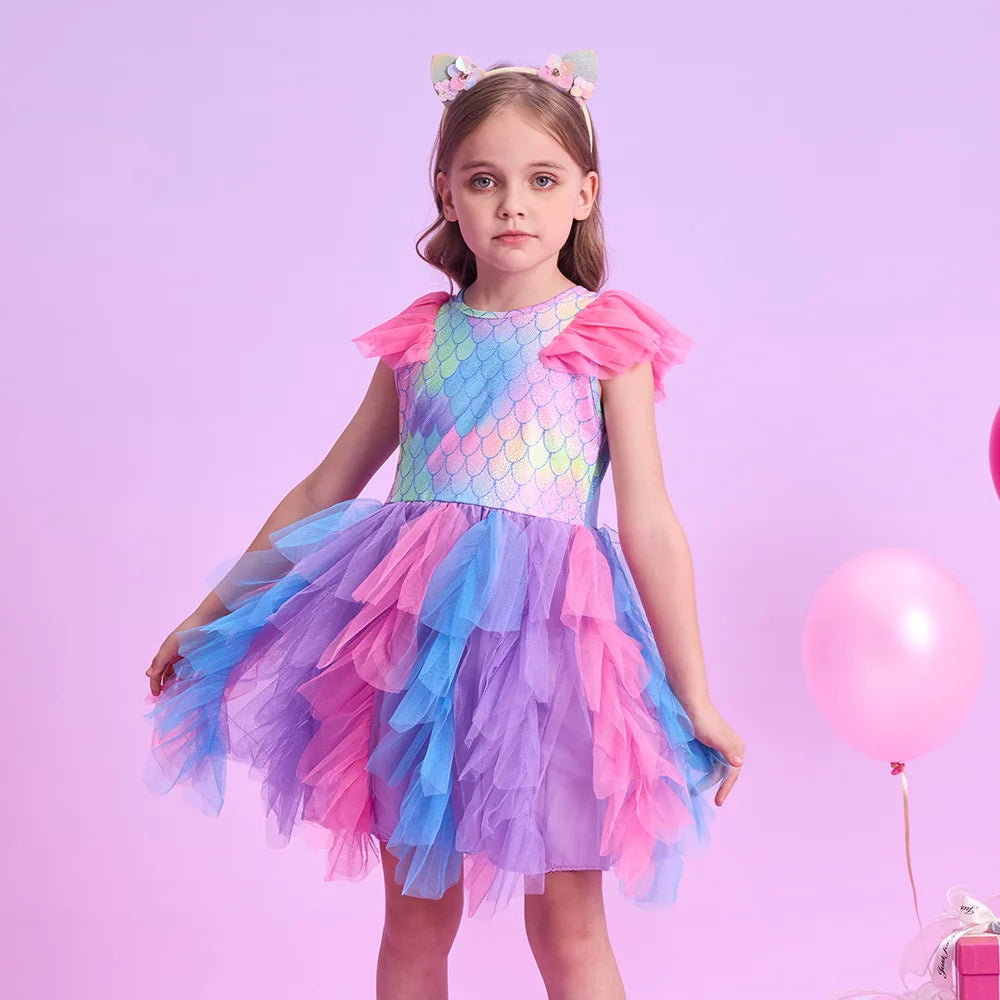 VIKITA Kids Flare Sleeve Dress Girls Summer Vestidos Toddlers Mermaid Print Dresses Girl Irregular Mesh Tulle Layered Cake Dress