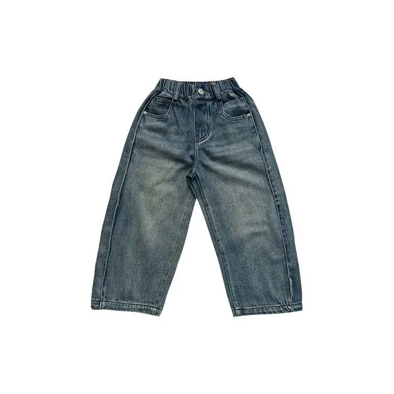 Boys' Korean Style Straight Leg Jeans for Kids - Spring 2025 New Vintage Blue Unisex Children's Denim Pants