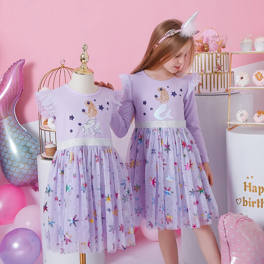 VIKITA New Children Clothes Girls Summer Flare Sleeve Purple Dress Kids Mermaid Sequins Mesh Tulle Princess Party Tutu Vestidos