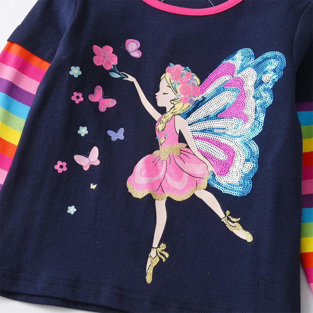 VIKITA Girls Long Sleeve T Shirt Kids Fairy Elf Sequined Appliqued Cotton Casual Tops Girls Striped O Neck Tees Children Clothes