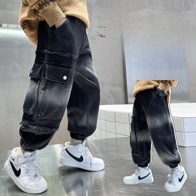2025 Boys' Cargo Pants All-Season Washed Tie-Dye Denim Long Pants Trendy Casual Style