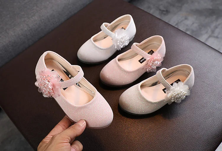 Korean Style Fashion Kids Beaded Little Flowers Leather Shoes Girls Princess Shoes Children Crystal Soft Bottom Dancing Shoes