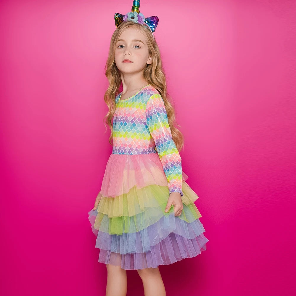 VIKITA Meerjungfrauen-Tutu-Kleid für Teenager und Mädchen, farbenfroh, gestuft aus Tüll und Netzstoff, Prinzessinnenkleid, Kostüm für Kinder von 3-12 Jahren