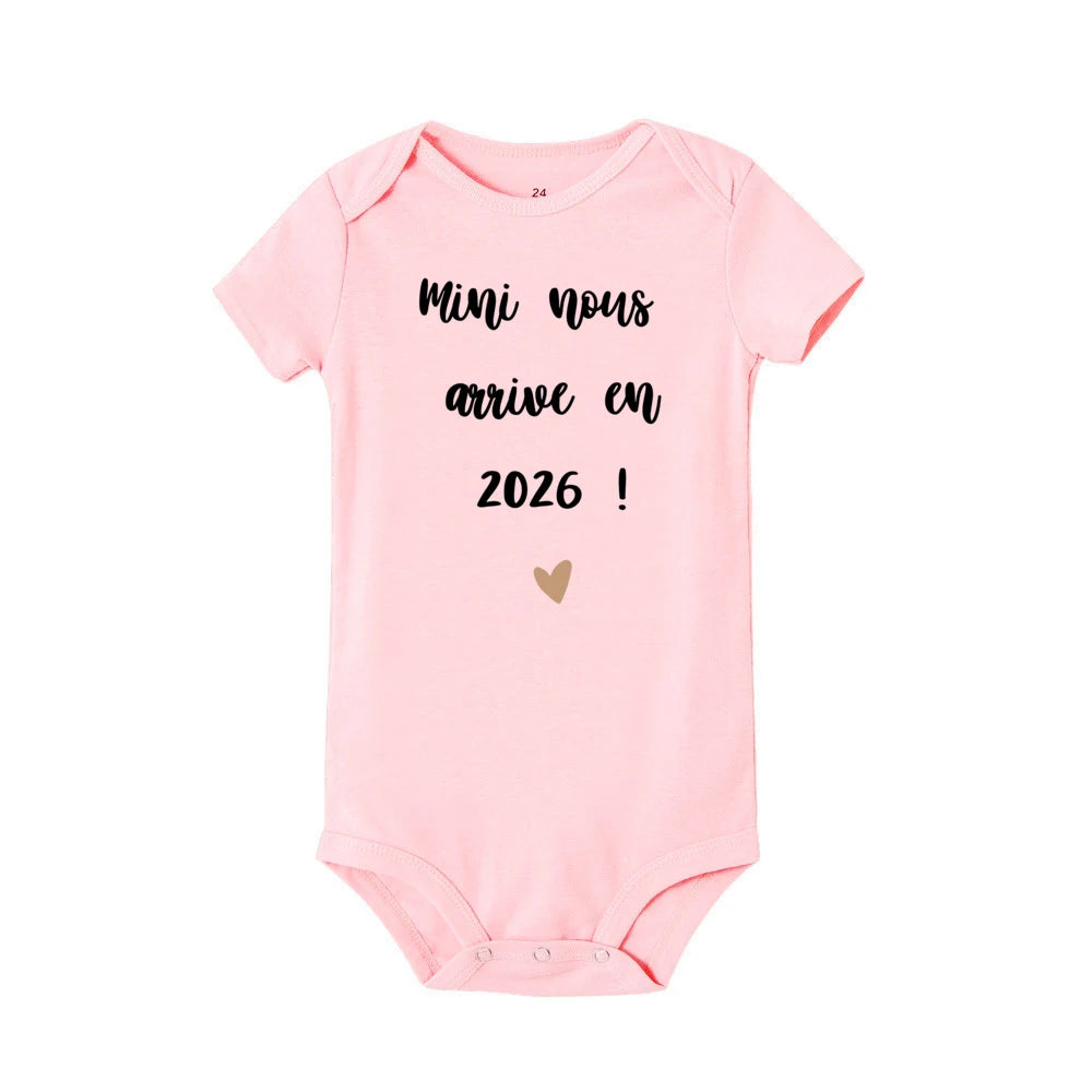Mini Nous Arrive on 2026 Infant Romper Baby Casual Short Sleeve Jumpsuit Newborn Rompers Pregnancy Reveal Clothes