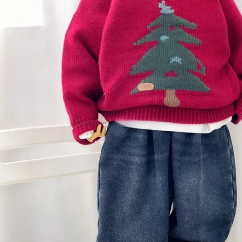 Korean Style Knitted Jacquard Sweater for Boys, Christmas/New Year Festive Crewneck Knitwear, Spring Autumn Stylish Versatile