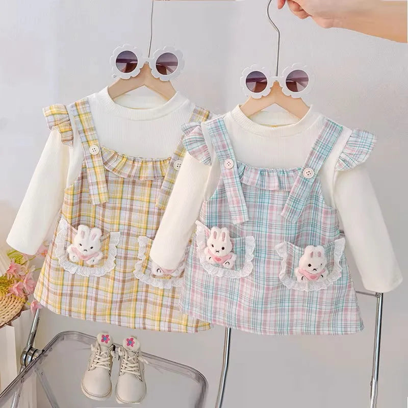 Small Plaid Baby Girl Dress, Spring And Autumn New Cartoon Rabbit Children'S Long Sleeved Clothes (9 Months -3 Years Old)