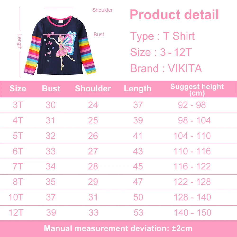 VIKITA Girls Long Sleeve T Shirt Kids Fairy Elf Sequined Appliqued Cotton Casual Tops Girls Striped O Neck Tees Children Clothes