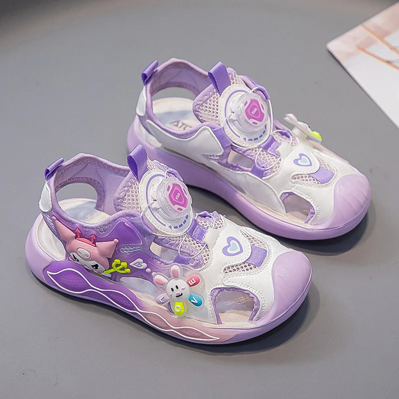 Sandals Girls Cartoon PU Leather Summer Fashion Outdoor Flat Bottom Breathable Anti-slip Pink Purple Size 26-37