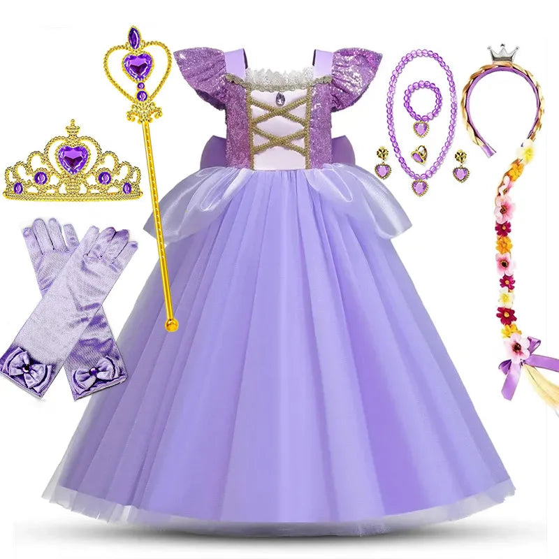 European and American Style Girl Princess Dress Rapunzel Apparel Ball Gown with Bow at Back Children Halloween Tangled Role Play