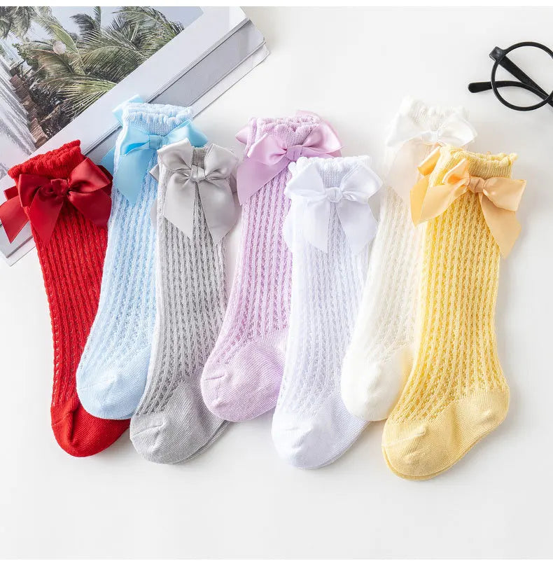 Limit quantity 0-2Y Children Girls Royal Style Bow Knee High Fishnet Socks Baby Toddler Bowknot Socks Kid Hollow Out Sock Sox