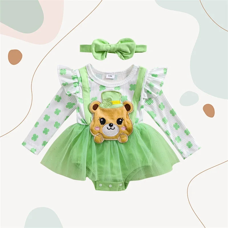 Infant Girls Floral Print Long Sleeve Romper Dress with Bear Embroidery and Matching Headband for Spring Season