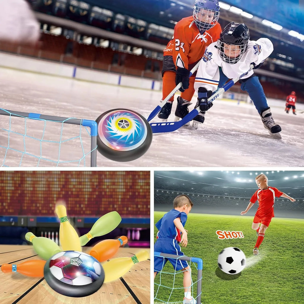 3-in-1 Hover Soccer Ball Hockey Bowling Set Indoor Outdoor Toys for Kids Outside Toys with LED Lights Christmas Birthday Gifts
