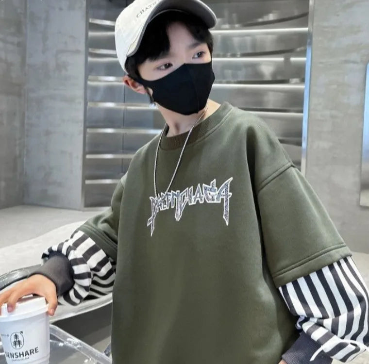 Boys' Medium-Large 2025 New Arrival No Hood Long Sleeve Fake Two-Piece Loose Fit Stylish Sweatshirt for Spring