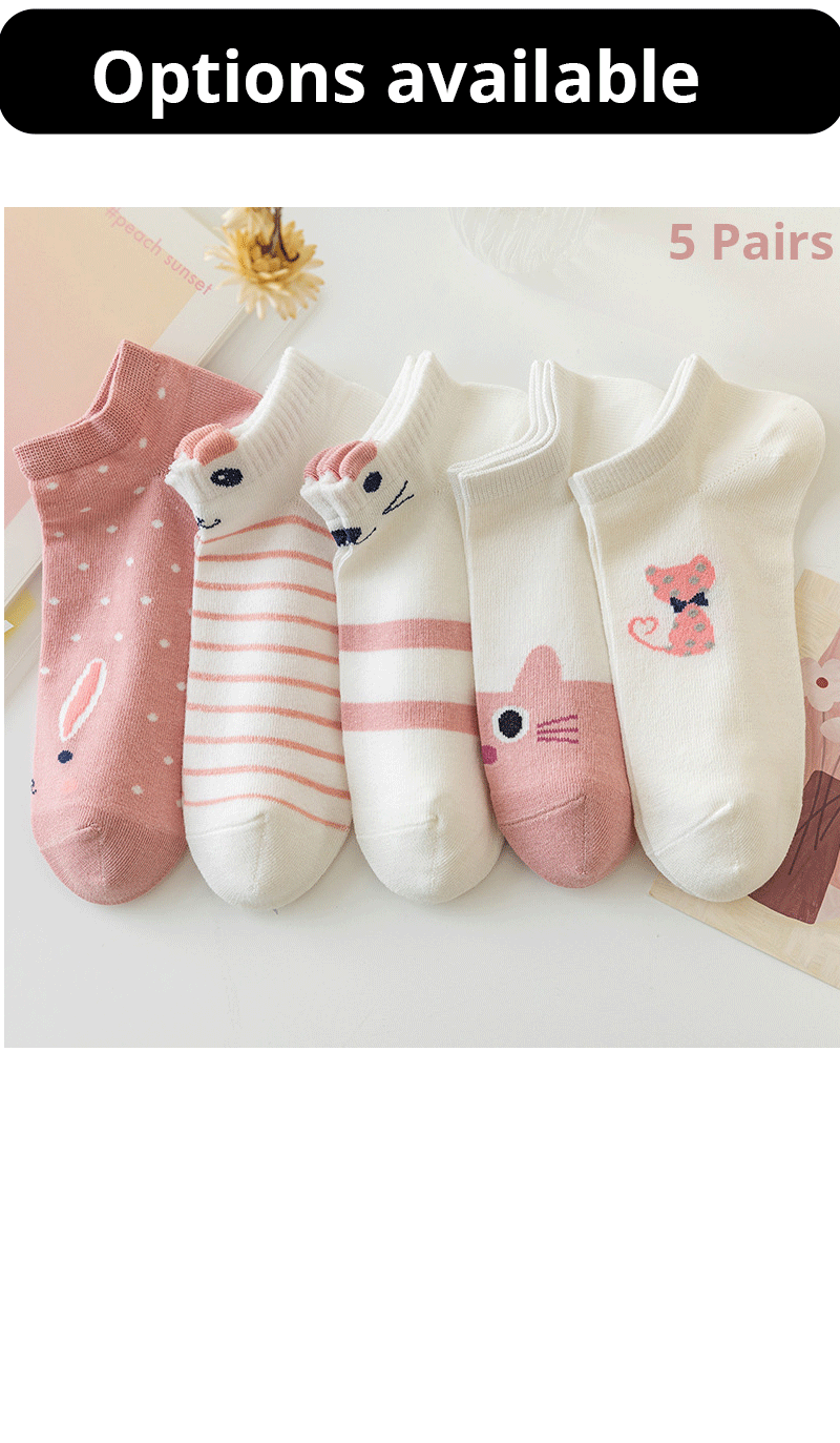 5/10/20 Pairs Women's Short Tube Socks Pink Cat Thin Four Seasons Cute Boat Sockslow Top Ins Trendy Socks