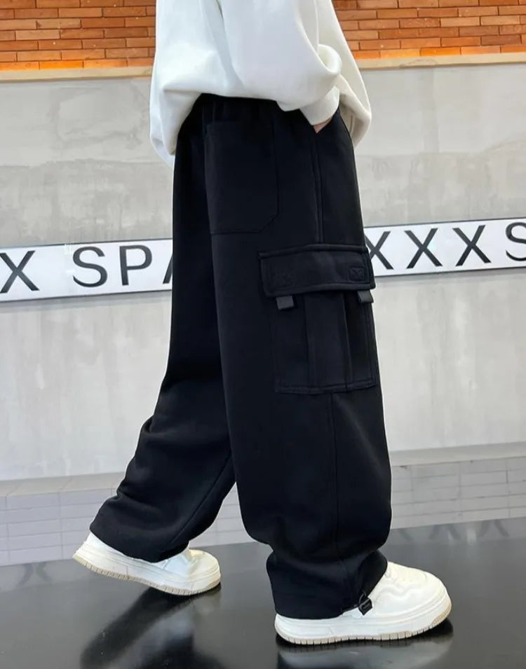 2025 New Boys Autumn Winter Fleece-Lined Sports Cargo Pants, Big Boy Streetwear Trends, Warmth & Comfort