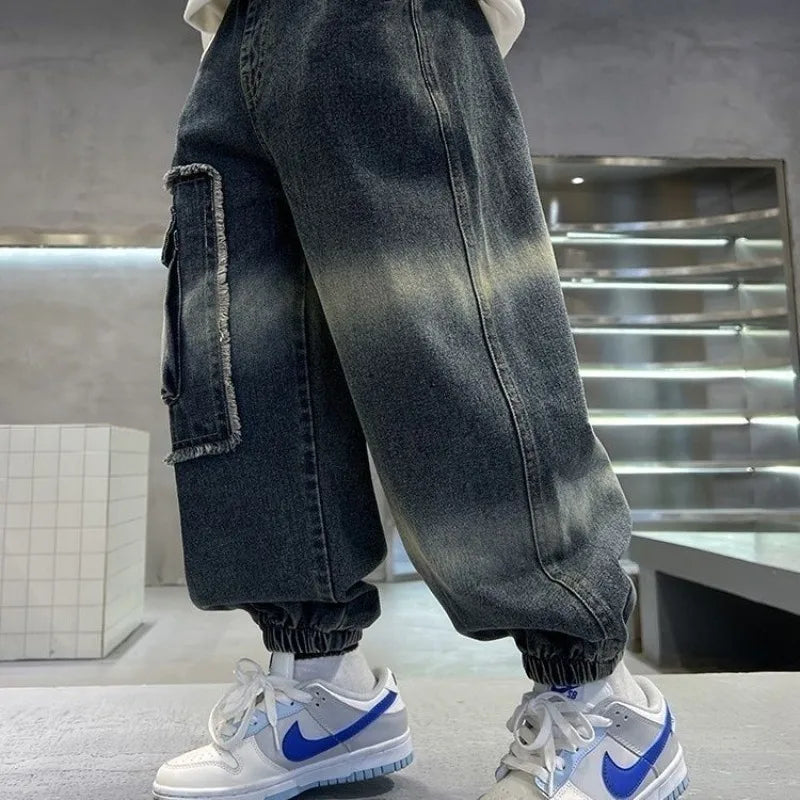 2025 Boys' Cargo Pants All-Season Washed Tie-Dye Denim Long Pants Trendy Casual Style
