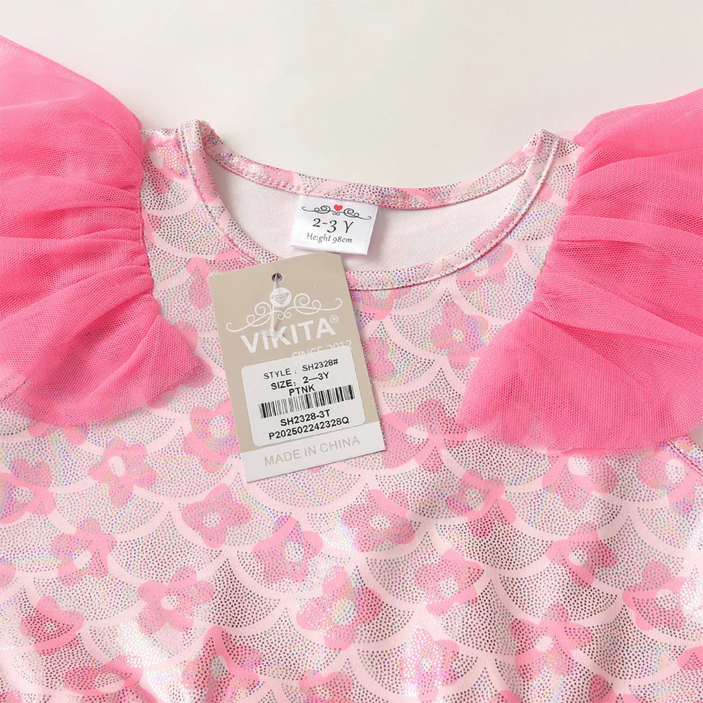 VIKITA Kids Pink Cute Princess Dress Kids Flare Sleeve Flower Print Summer Vestidos Kids Polyester Layered Cake Prom Gown Dress