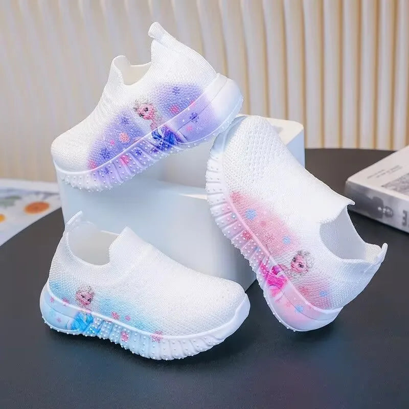 Disney Solid White Fashion Knitting Frozen Princess Elsa Children Casual Shoes Kids' Light Breathable Stretch Socks Sneakers Siz