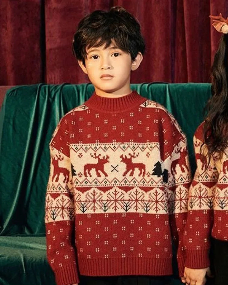 Kids' Christmas Thickened Fleece-Lined Pullover Sweater - Korean Style Warm Baby Boy & Girl Red Holiday Knitwear for Toddler