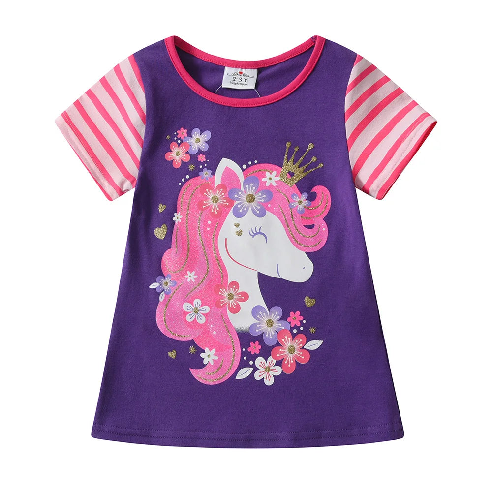 VIKITA Girls O Neck Short Sleeve Summer T Shirts Kids Unicorn Print Cartoon Tops and Tees Girls Cotton Casual Daily Clothes