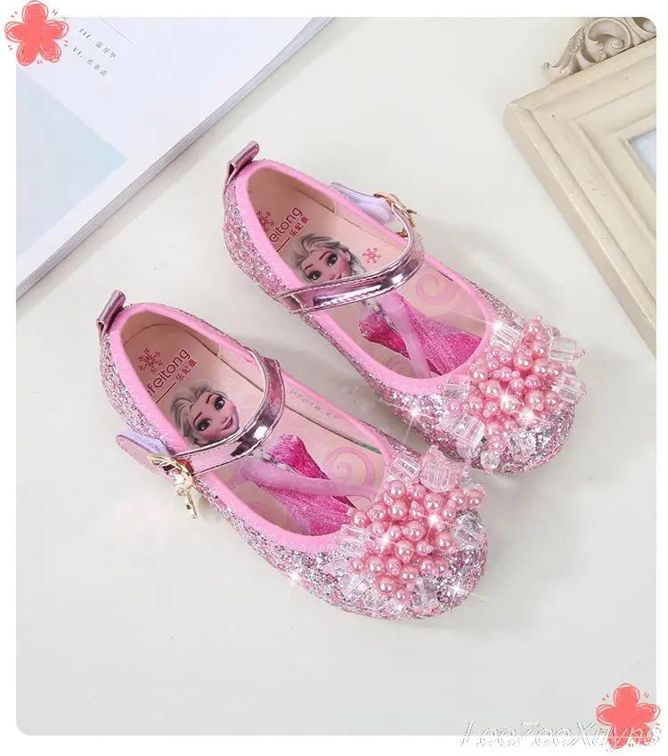 Disney Girls Princess Shoes Soft Sole Little Girl Frozen Children Crystal Casual Shoes Flat Leather Show Dance Shoes Size 22-36