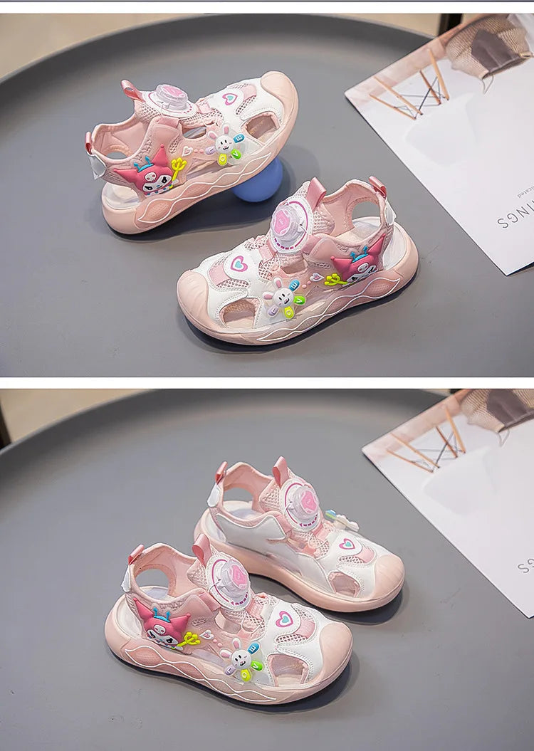 Sandals Girls Cartoon PU Leather Summer Fashion Outdoor Flat Bottom Breathable Anti-slip Pink Purple Size 26-37