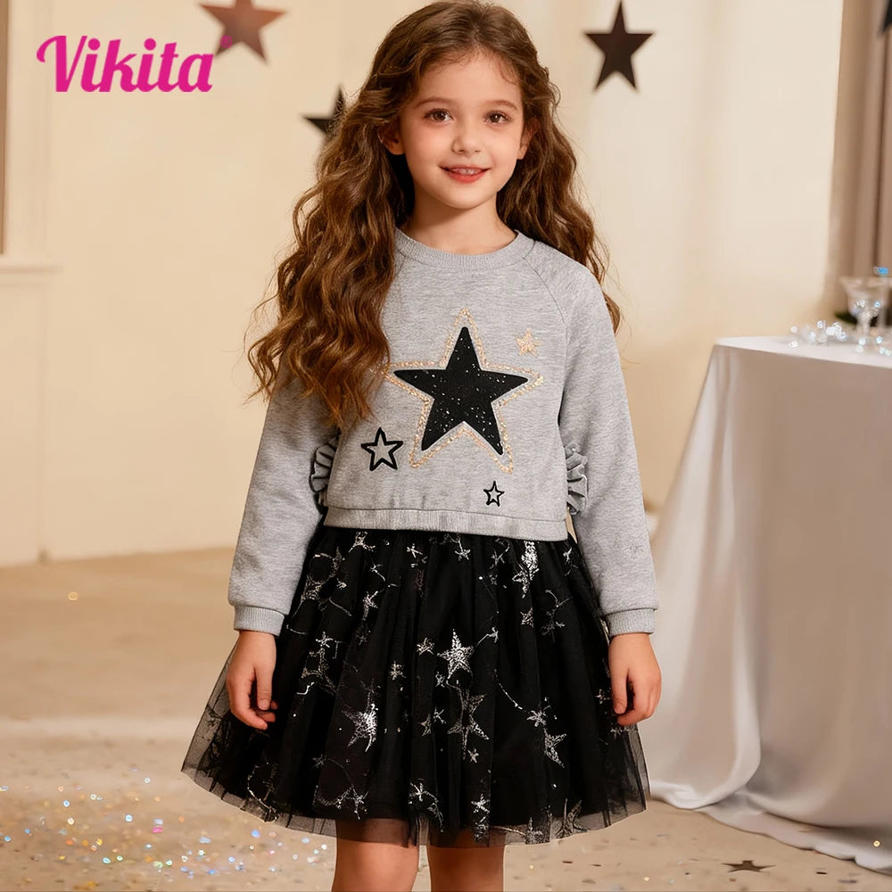 Girls Grey Sweatshirt Dress Kids Black Star Print Thick Dress with Tulle Skirt Toddlers Long Sleeve Outfit for Casual Party Wear