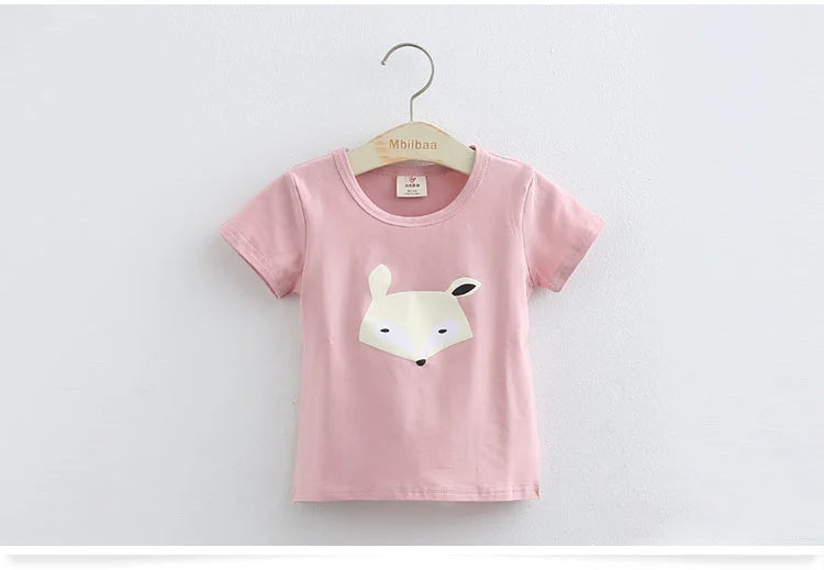 2025 Summer 2 3 4 6 8 10 Years Children Cotton Cartoon Star Bird Cat Rabbit Animal Print Short-Sleeve T-Shirt For Kids Baby Girl