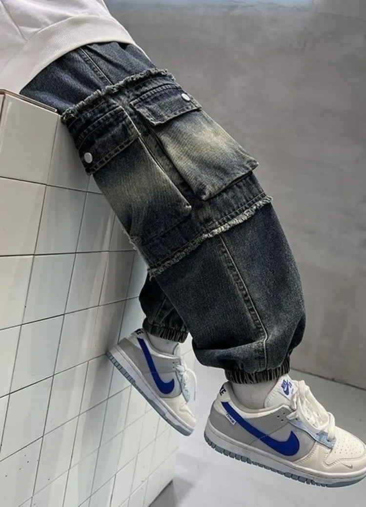 2025 Boys' Cargo Pants All-Season Washed Tie-Dye Denim Long Pants Trendy Casual Style
