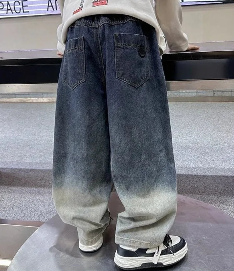 2025 New Boys' Gradient Denim Jeans Straight Leg Loose Fit Wide Pants for Kids Spring/Fall Casual Wear, Trendy & Stylish