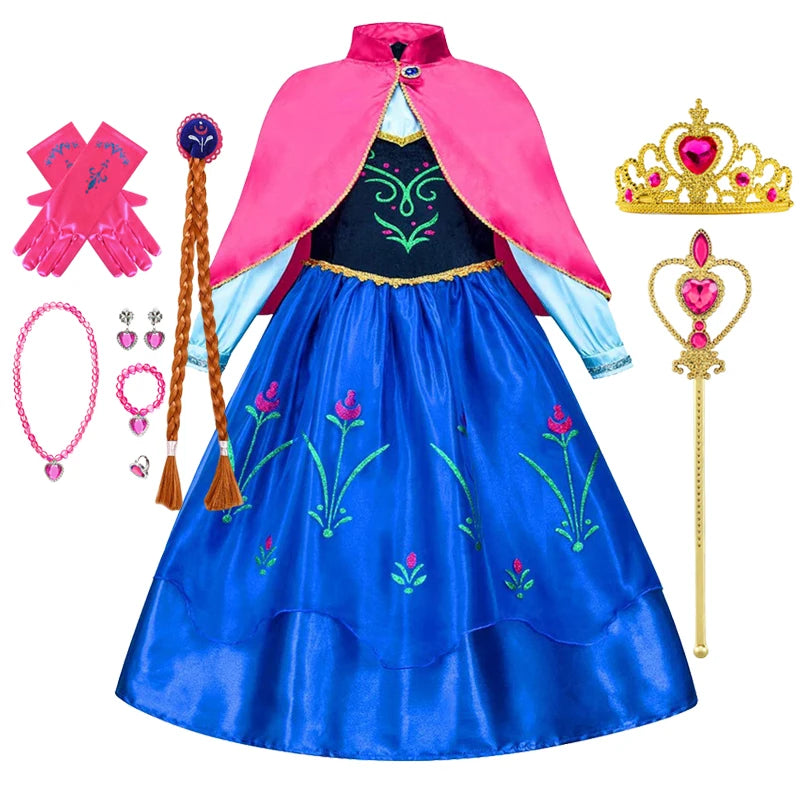 Frozen Anna Princess Girl Dress Halloween Cosplay 2025 Disney Party Costume Snow Queen Princess Clothes Children Outfit 2-10 Y