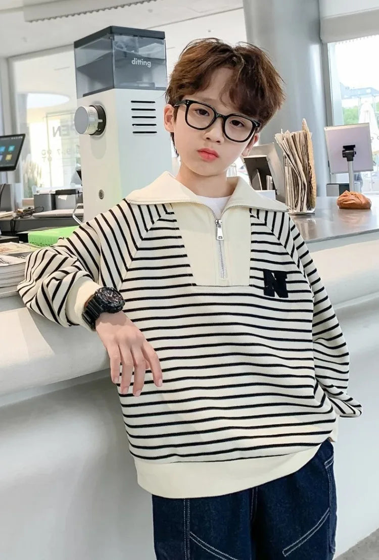Boys' Medium-Large 2025 Spring/Autumn Korean Style Large Collar Black & White Striped No Hood Sweatshirt