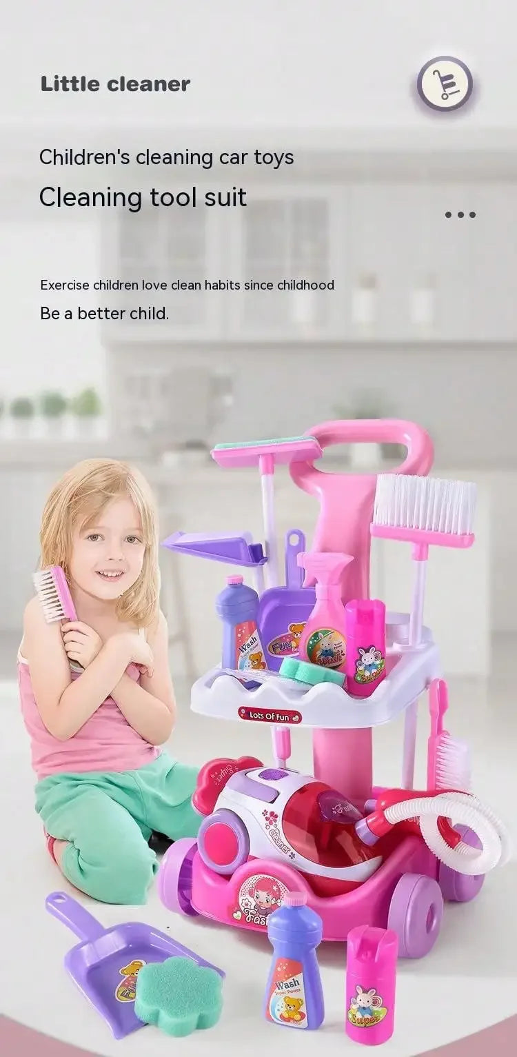 Housekeeping Cleaning Trolley Playset Caddy Includes Accessories and Toy Vacuum with Sounds and Lights Pretend Play for Girls