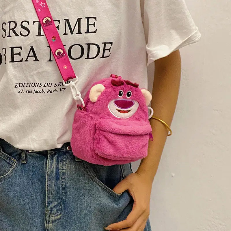 Disney Strawberry Bear 2025 New Girl Plush Backpack Cartoon Children Plush Messenger Bag Fashion Trend Girls Coin Purse