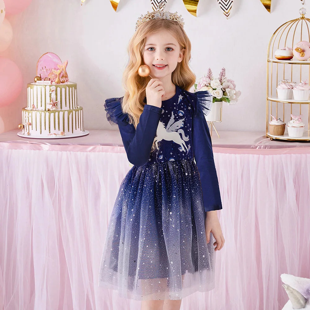 Girls Navy Blue Starry Glitter Elegant Tutu Dress Toddlers Kids Silver Unicorn Ruffled Shoulders Fantasy Party Princess Vestidos