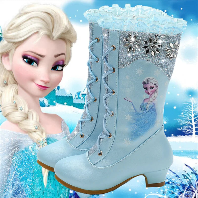 Disney Girls High Heel Boots Winter Children's Long Sleeved Plush Snow Warm Boots Princess Elsa Pink Blue Boots Size 27-37