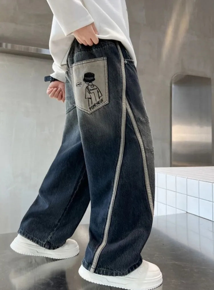 2025 New Boys Straight Jeans Big & Tall Kids Autumn Winter Denim Pants Boys Long Jeans