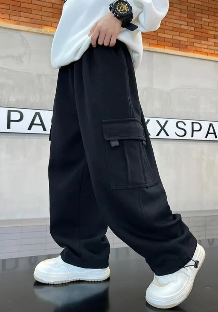 2025 New Boys Autumn Winter Fleece-Lined Sports Cargo Pants, Big Boy Streetwear Trends, Warmth & Comfort