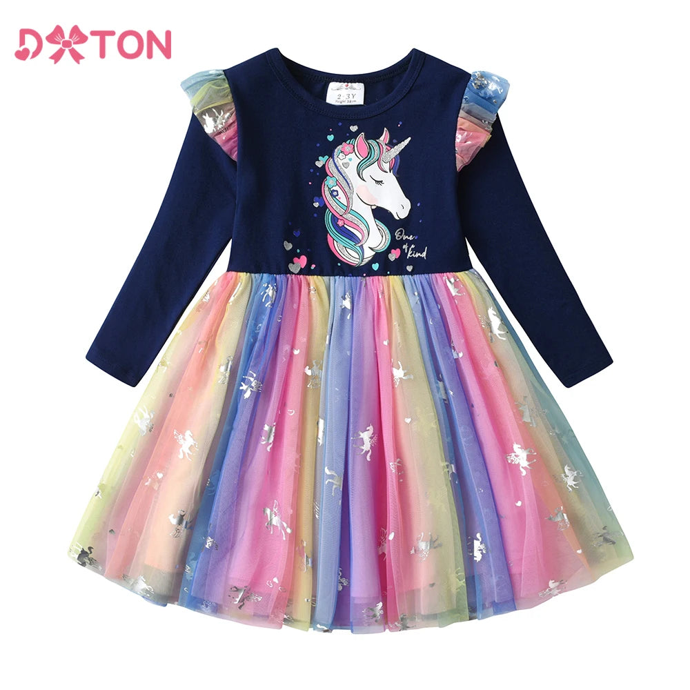 VIKITA Girls Unicorn Dress for Autumn Spring Children Cotton Casual School Costumes Birthday Party Princess Mesh Dress for Girl