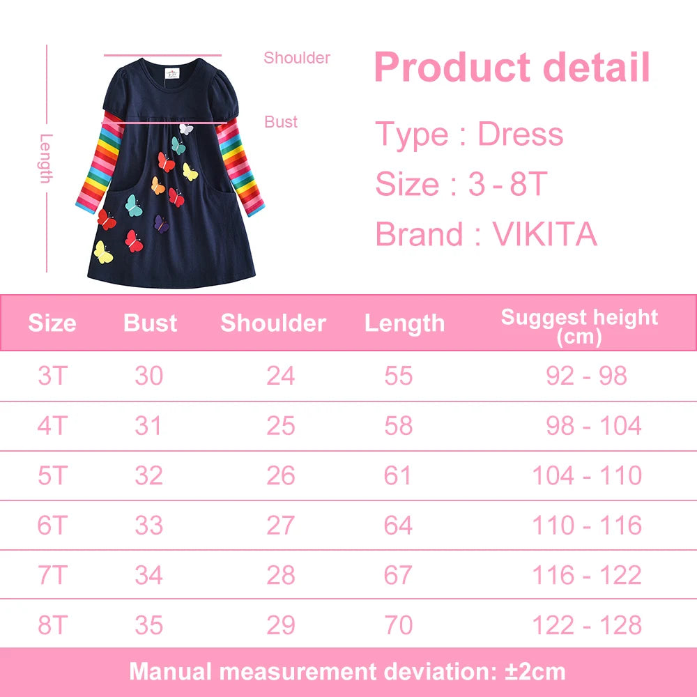 VIKITA Children Rainbow Striped Dress Girls Sequined Unicorn Dresses Kids Autumn Dress with Pockets Girl Cotton Vestidos 3-12Yrs