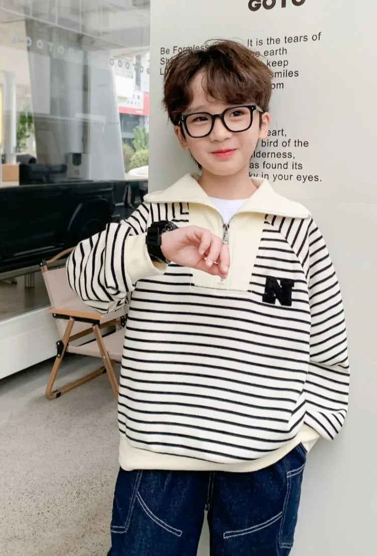Boys' Medium-Large 2025 Spring/Autumn Korean Style Large Collar Black & White Striped No Hood Sweatshirt