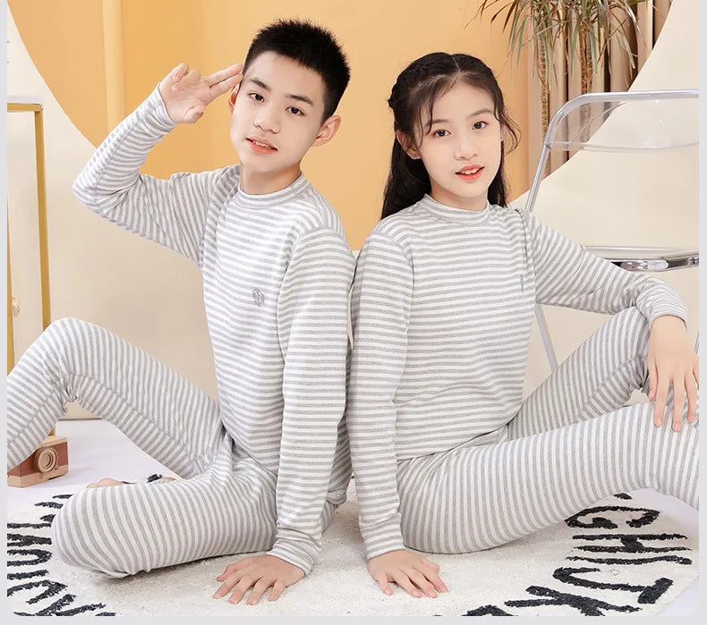 Thermal Underwear for Boys Cotton Thicken Warm Autumn Winter Teenage Children Underwears Set Solid Two Pieces Girls Clothing Set
