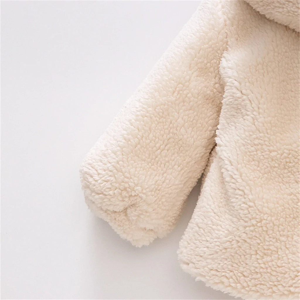 (0-3 Years Old Girls) Winter New Girls' Top Warm Furry Hat Bow Ribbon Warm Cute Hooded Bear Ears Long Sleeve Pocket