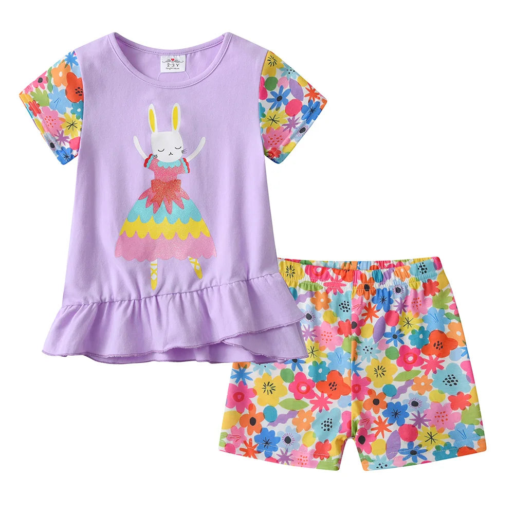 VIKITA Girls Clothing Sets for Summer Kids Rabbit Floral Print Cotton Short Sleeve T Shirt and Pants 2 Pcs Suit Clothes Sets