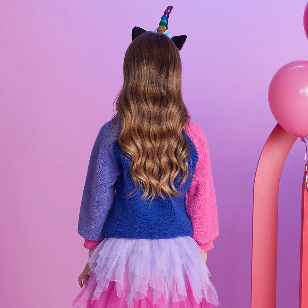 VIKITA Toddlers Licorne Star Appliqued Patchwork Sweatshirt Girls Fleece Autumn Winter Soft Sportwear Pullover Tops Costumes