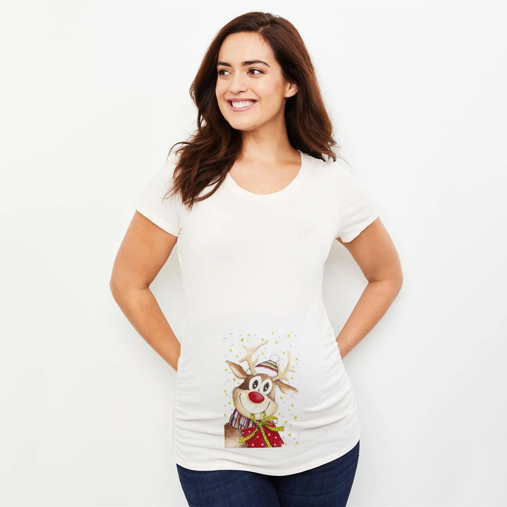 Merry Christmas Cartoon Print Maternity T-shirt Xmas Casual Pregnant Women Reindeer Graphic T Shirt Pregnancy Announcement Tees