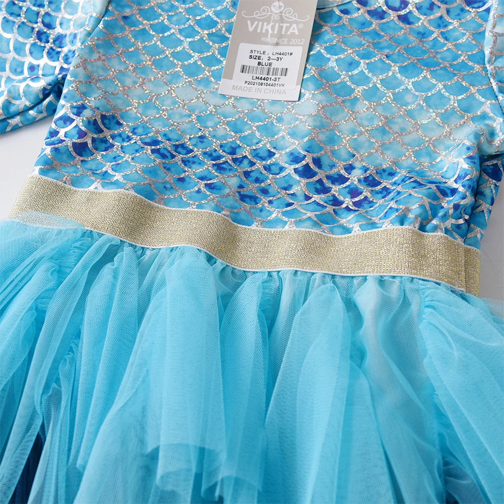 VIKITA Girls Blue Mermaid Print Tutu Dresses Kids Beach Vacation Birthday Party Gradient Princess Mesh Tulle Frocks 8 Years Old