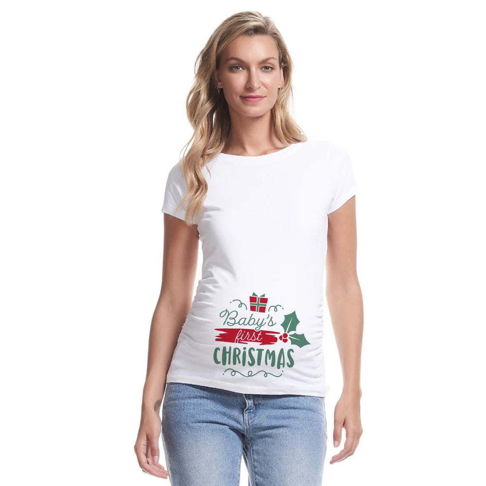 Baby 's First Christmas on The Inside Pregnancy T Shirt Maternity Shirts Xmas Pregnancy Announcement Shirt New Mom White Clothes