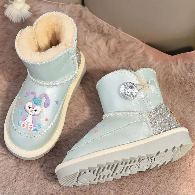 Disney Girls' Snow Boots Genuine Leather StellaLou Cartoon Waterproof Winter Children's Shoes Baby Girls' Thickened Ankle Boots
